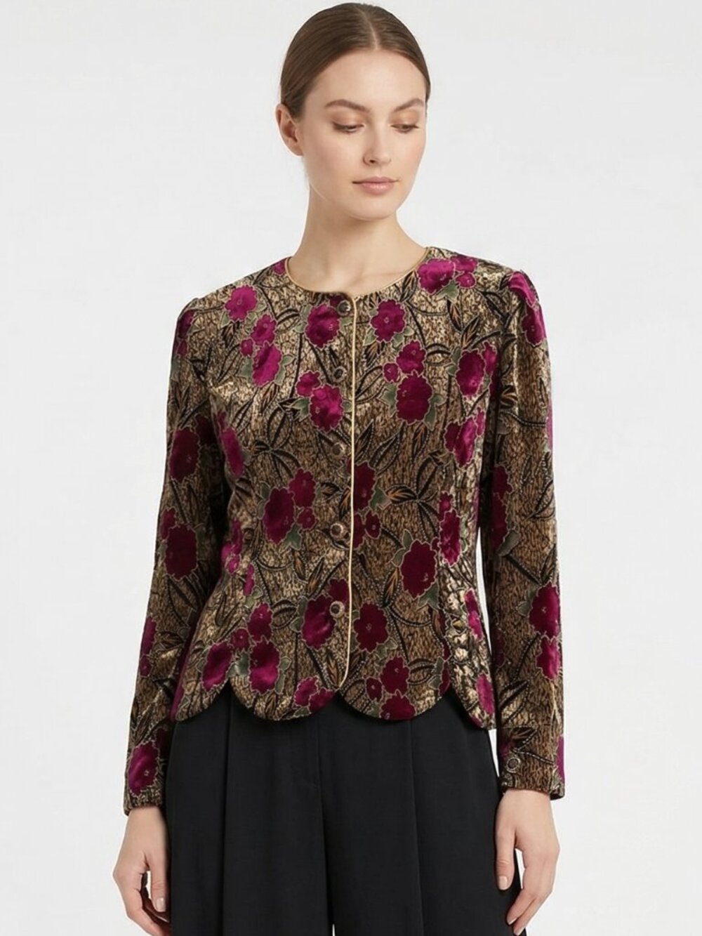 R&K Evening Jacket Black Burgundy Velour Floral Grunge Whimsigoth Metallic 18